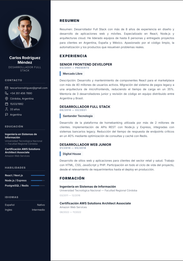 Vista previa de currículum profesional moderno creado con CVCraft